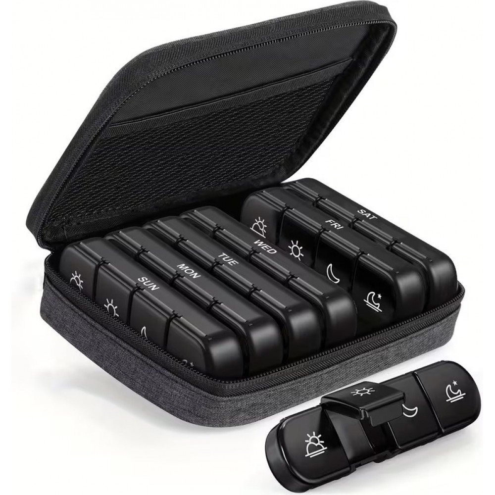 Organisateur de pilules pour voyage 7 jours et 4 prises par jour boîte portable avec sac élégant - Noir