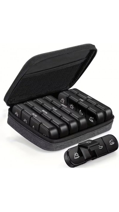 Organisateur de pilules pour voyage 7 jours et 4 prises par jour bo&icirc;te portable avec sac &eacute;l&eacute;gant - Noir