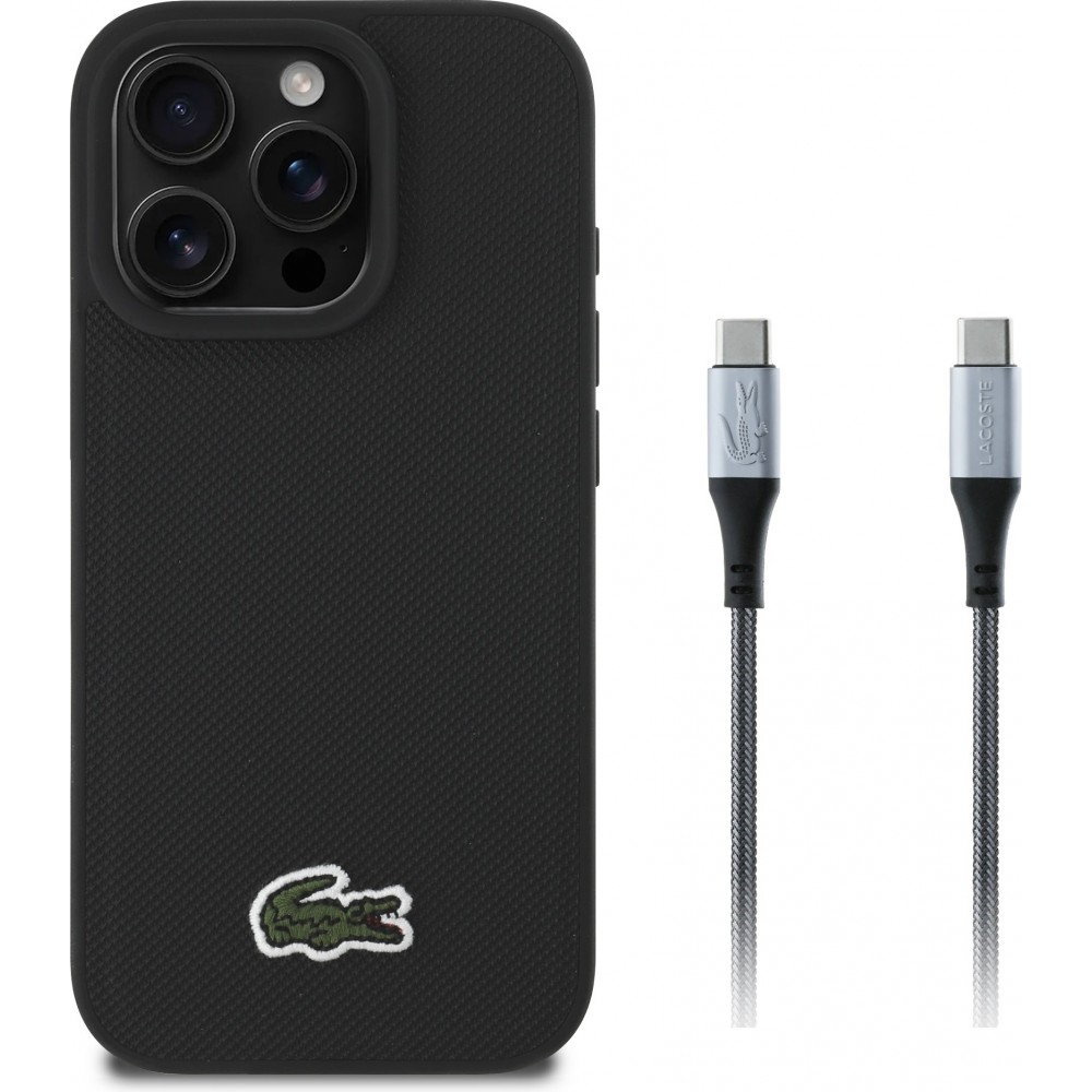 Coque iPhone 16 Pro - Pack Lacoste Iconique Petit Piqué avec logo tissé et câble de données USB-C vers USB-C - Noir