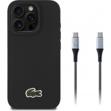 Coque iPhone 16 Pro - Pack Lacoste Iconique Petit Piqué avec logo tissé et câble de données USB-C vers USB-C - Noir