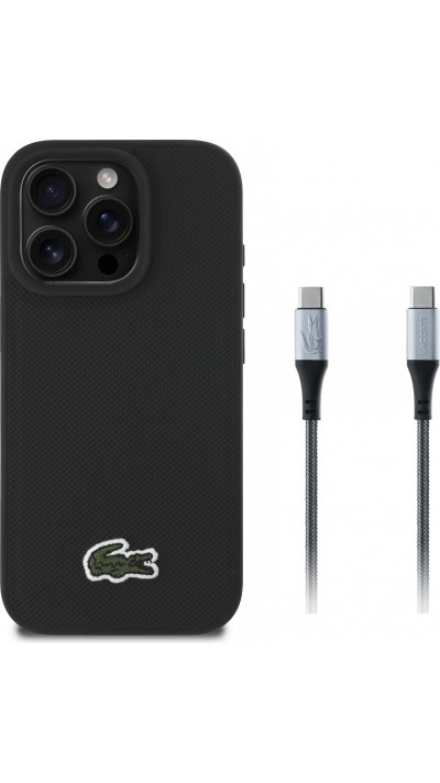 Coque iPhone 16 Pro Max - Pack Lacoste Iconique Petit Piqué avec logo tissé et câble de données USB-C vers USB-C - Noir