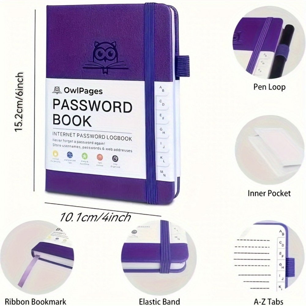 Password Book - Carnet de mots de passe avec onglets alphabétiques pour seniors organiseur de connexion internet format poche - Violet