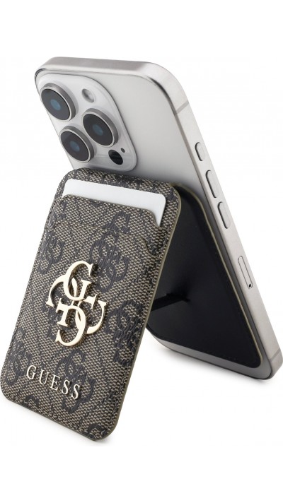 Porte-cartes magnétique compatible MagSafe avec support intégré logo Guess en métal - Brun