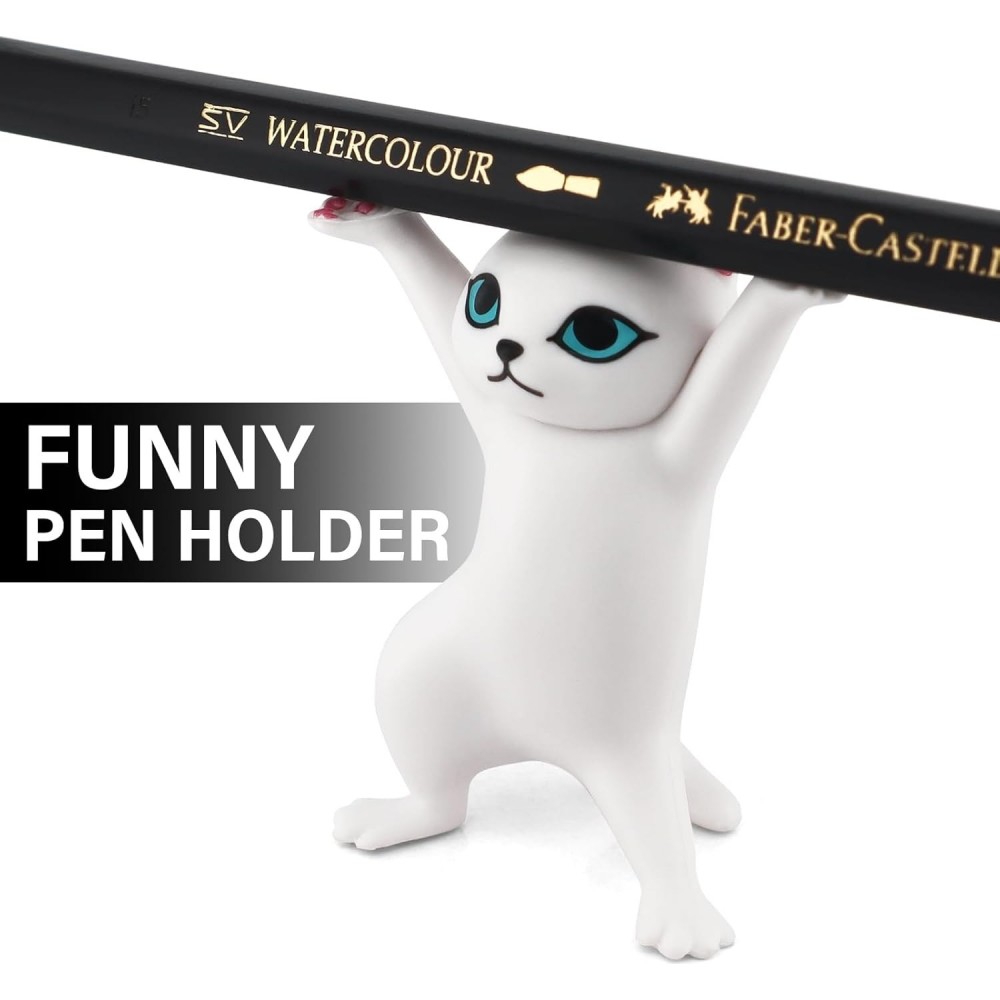 Porte-stylos en forme de chat organisateur de bureau original cadeau mignon pour fournitures scolaires et bureau - Blanc