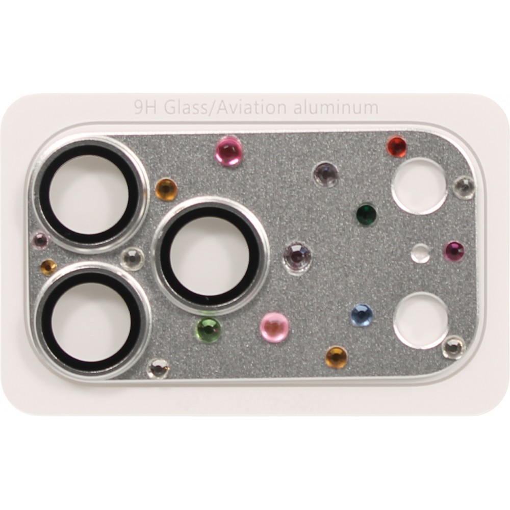 Protection caméra 3D luxe avec strass avec coque d'écran arrière en verre trempé métallique - Argent - iPhone 17 Pro