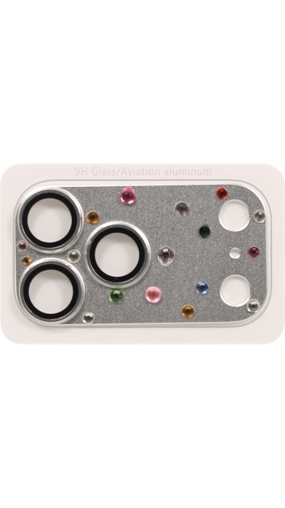 Protection caméra 3D luxe avec strass avec coque d'écran arrière en verre trempé métallique - Argent - iPhone 17 Pro Max