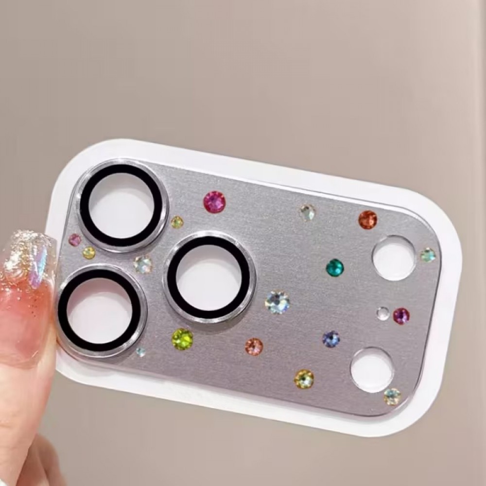 Protection caméra 3D luxe avec strass avec coque d'écran arrière en verre trempé métallique - Argent - iPhone 17 Pro