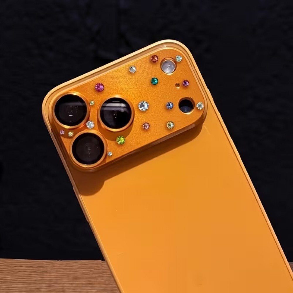 Protection caméra 3D luxe avec strass avec coque d'écran arrière en verre trempé métallique - Argent - iPhone 17 Pro