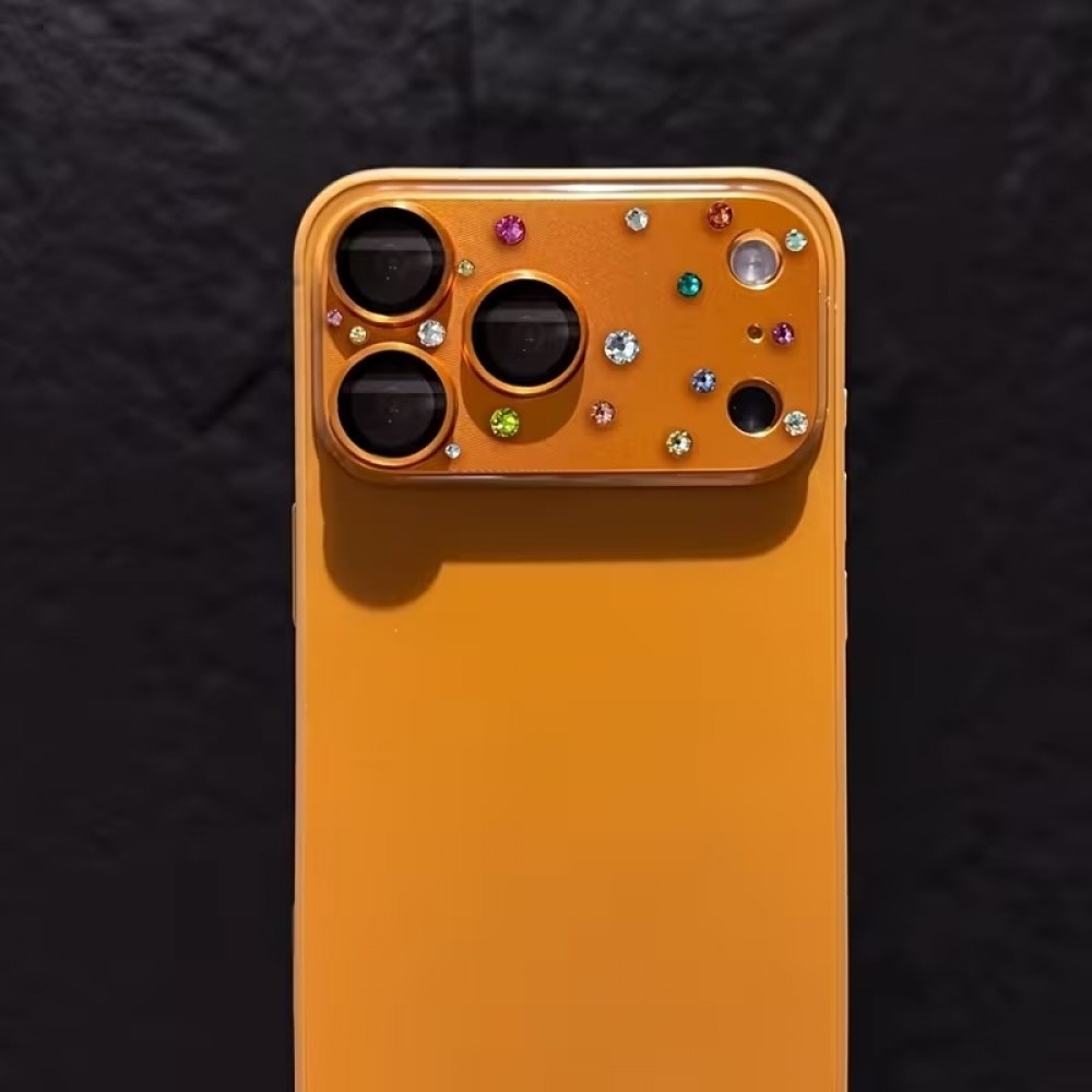 Protection caméra 3D luxe avec strass avec coque d'écran arrière en verre trempé métallique - Argent - iPhone 17 Pro