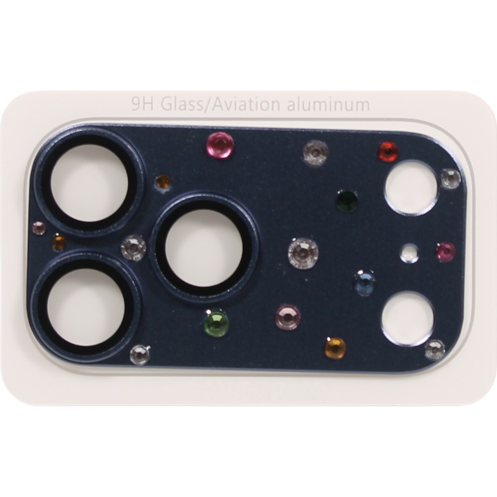 Protection caméra 3D luxe avec strass avec coque d'écran arrière en verre trempé métallique - Bleu - iPhone 17 Pro