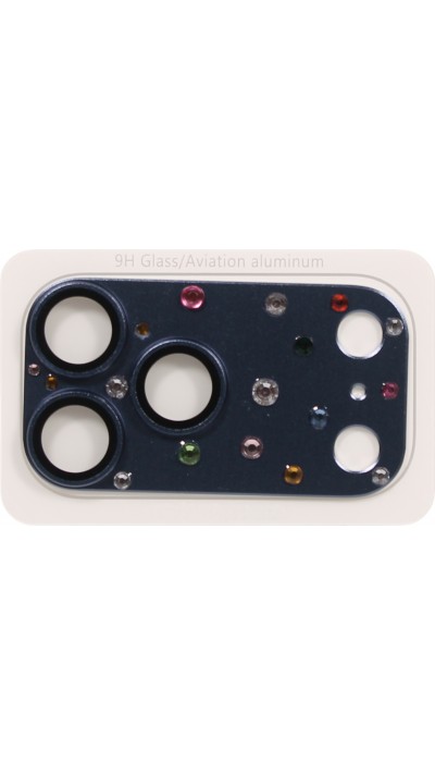 Protection caméra 3D luxe avec strass avec coque d'écran arrière en verre trempé métallique - Bleu - iPhone 17 Pro Max