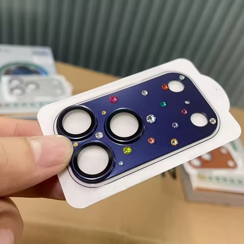 Protection caméra 3D luxe avec strass avec coque d'écran arrière en verre trempé métallique - Bleu - iPhone 17 Pro