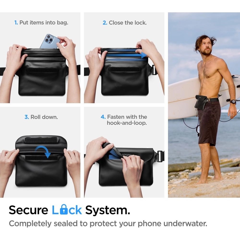 Sac pochette banane &eacute;tanche waterproof Spigen Aqua Shield A621 avec &eacute;tui flottant - Noir
