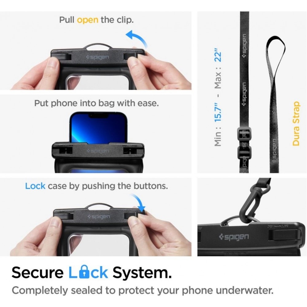 Sac pochette banane &eacute;tanche waterproof Spigen Aqua Shield A621 avec &eacute;tui flottant - Noir