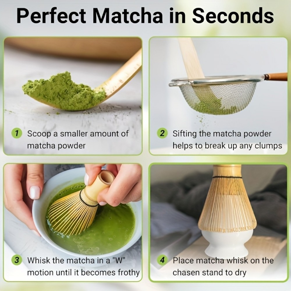 Set à matcha de 5 accessoires en bambou pour préparation thé vert japonais (fouet chasen / support / tamis / cuillères)