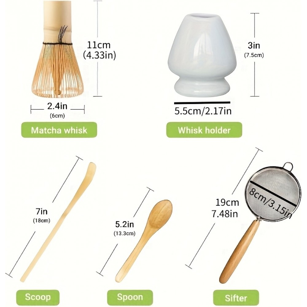 Set à matcha de 5 accessoires en bambou pour préparation thé vert japonais (fouet chasen / support / tamis / cuillères)
