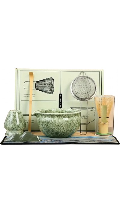 Set de cérémonie pour thé matcha 7 pièces avec fouet en bois (chasen) / support / bol céramique / tapis / accessoires - Vert