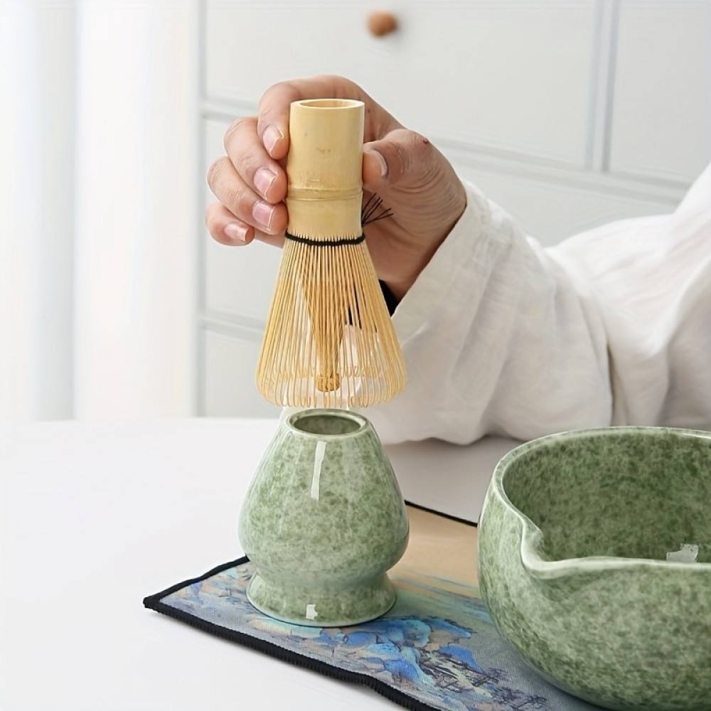 Set de cérémonie pour thé matcha 7 pièces avec fouet en bois (chasen) / support / bol céramique / tapis / accessoires - Vert