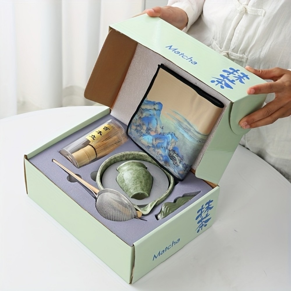 Set de cérémonie pour thé matcha 7 pièces avec fouet en bois (chasen) / support / bol céramique / tapis / accessoires - Vert