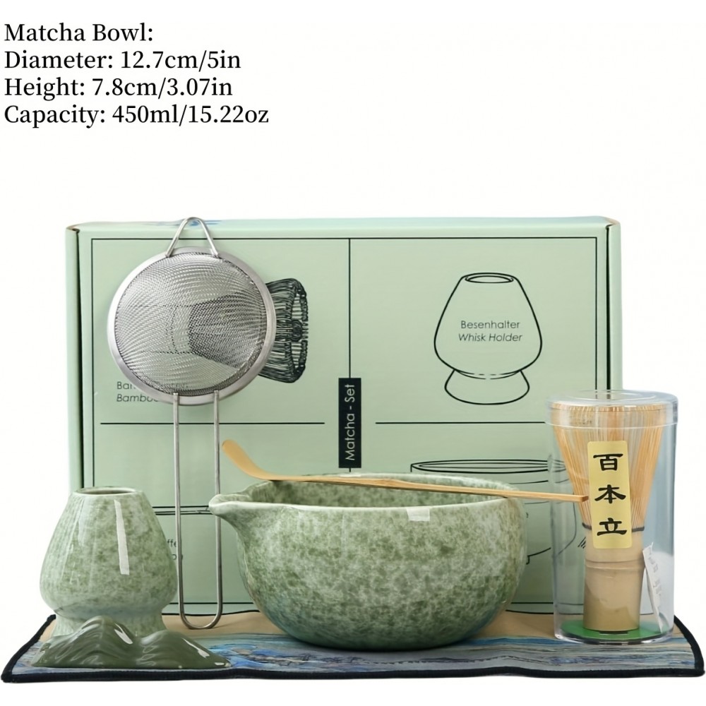 Set de cérémonie pour thé matcha 7 pièces avec fouet en bois (chasen) / support / bol céramique / tapis / accessoires - Vert