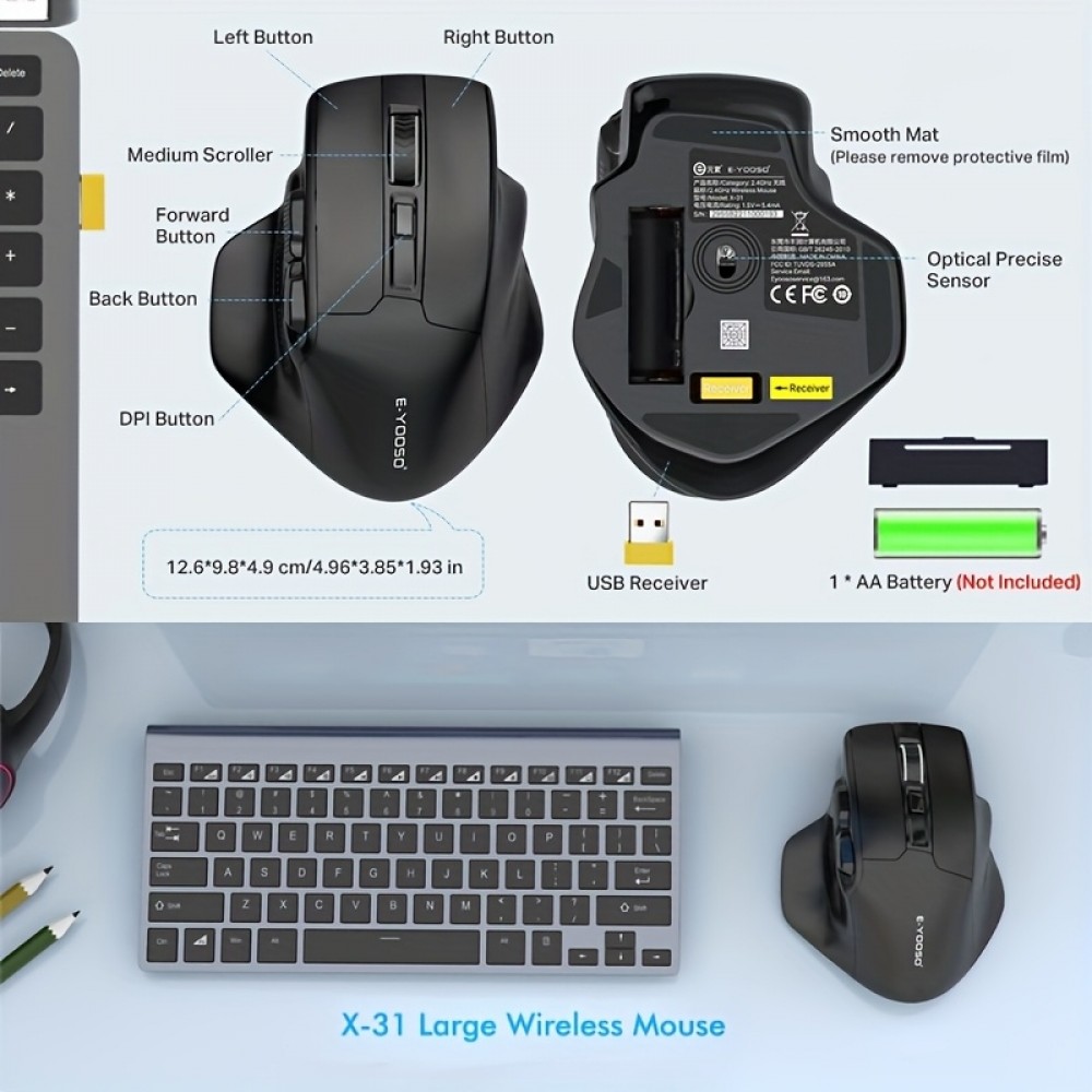 Souris de gaming sans fil E-YOOSO X-31 ergonomique 5 DPI avec adaptateur USB-A - Noir