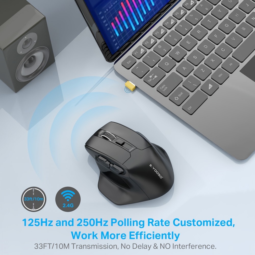 Souris de gaming sans fil E-YOOSO X-31 ergonomique 5 DPI avec adaptateur USB-A - Noir