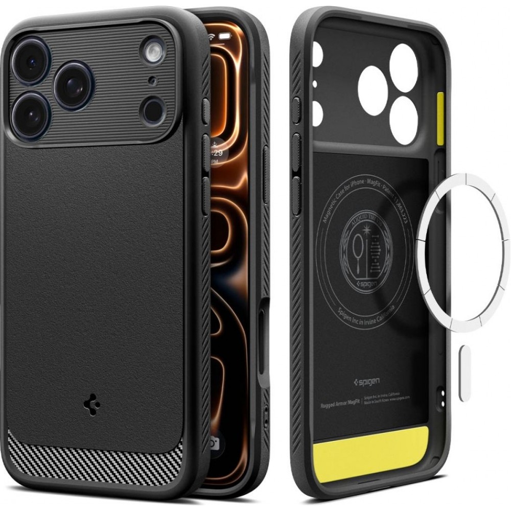 Coque iPhone 17 Pro - Spigen Rugged Armor MagFit compatible MagSafe résistante et durable - Noir