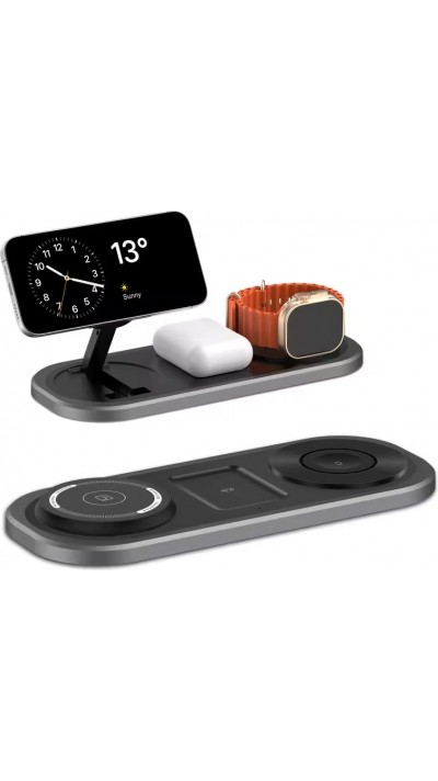 Station de charge magn&eacute;tique 3-en-1 15W sans fil pliable pour iPhone, Apple Watch et AirPods - Noir