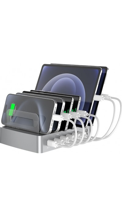 Station de charge multi-téléphones universelle 72W - Chargeur rapide multi-ports 2 type-c, 4x USB, DC et AC pour smartphones, tablettes avec support - Argent