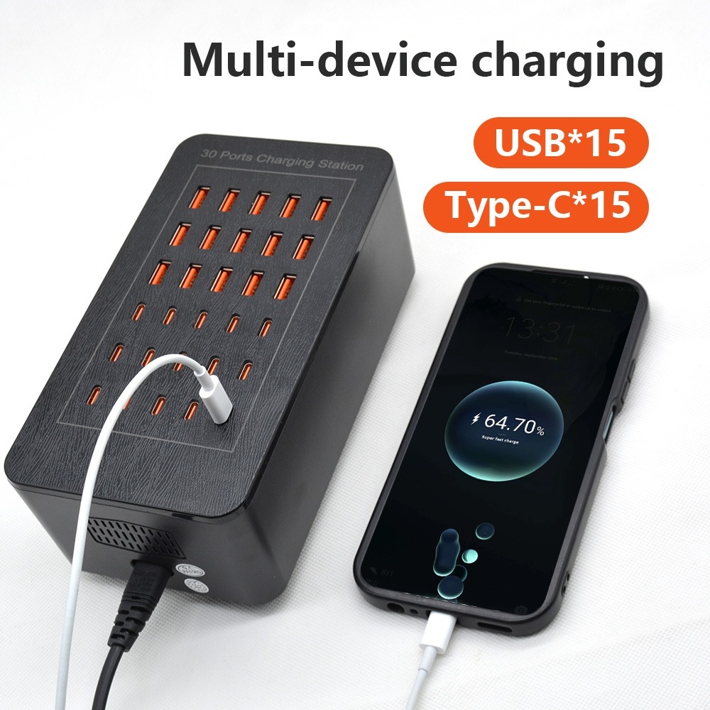 Station de charge multiple USB-C et USB-A 150W bloc avec 30 ports pour smartphones tablettes et accessoires - Noir