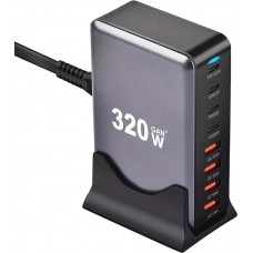Station de charge rapide 320W Hub GaN III USB-C 8 ports pour ordinateurs/tablettes/téléphone avec prise CH/EU - Gris