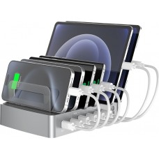 Station de charge USB multi-port 72W avec charge rapide PD & QC3.0 USB-C & USB-A et fonction support de bureau universel - Argent