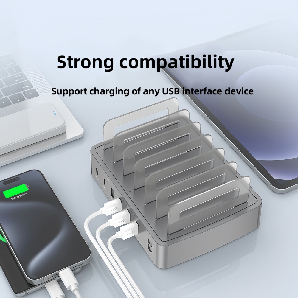 Station de charge USB multi-port 72W avec charge rapide PD & QC3.0 USB-C & USB-A et fonction support de bureau universel - Argent