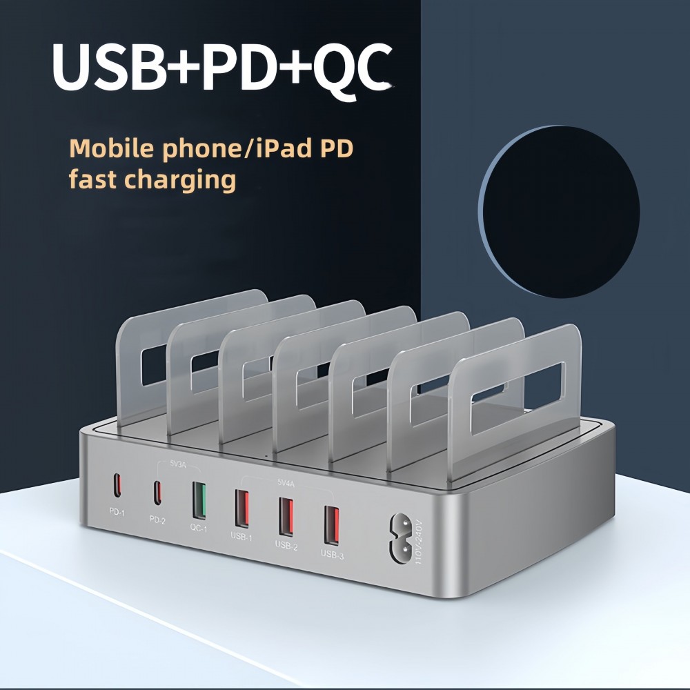 Station de charge USB multi-port 72W avec charge rapide PD & QC3.0 USB-C & USB-A et fonction support de bureau universel - Argent