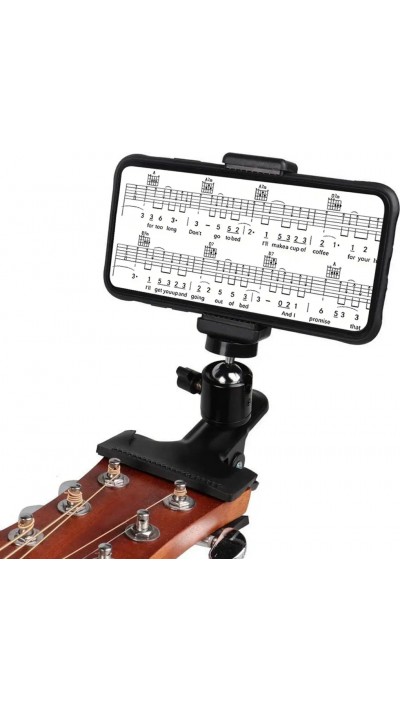 Support smartphone universel pour guitare et ukulélé pince réglable avec rotule 360° fixation stable pour téléphone - Noir