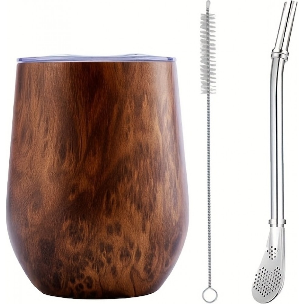 Tasse yerba mate avec bombilla kit gourd 250 ml couvercle + paille + brosse de nettoyage - Bois