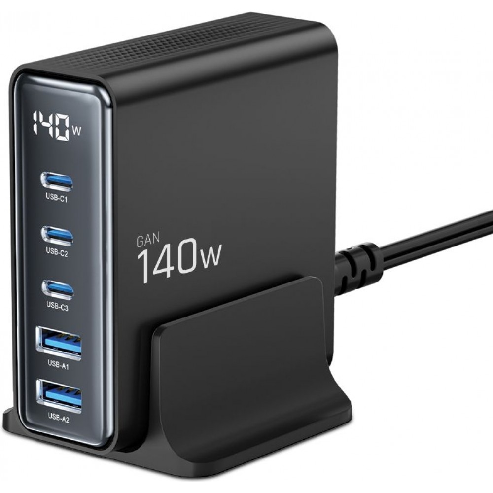 Tech-Protect DC140W-GAN Station de charge multiport avec 5 ports 3x PD USB-C et 2x QC 3.0 USB-A - Noir