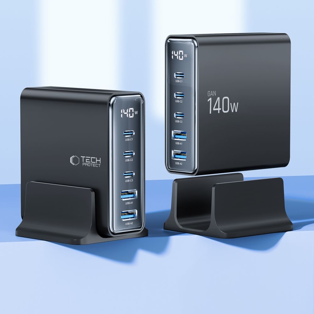 Tech-Protect DC140W-GAN Station de charge multiport avec 5 ports 3x PD USB-C et 2x QC 3.0 USB-A - Noir