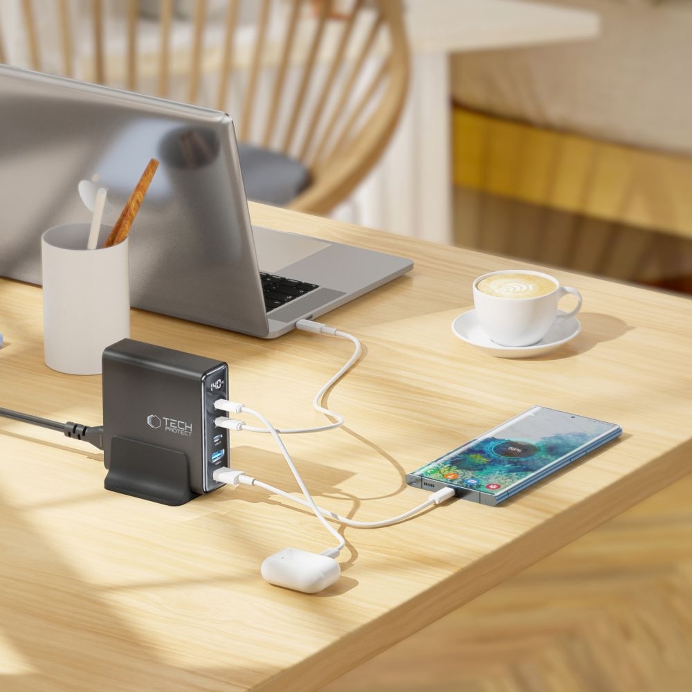 Tech-Protect DC140W-GAN Station de charge multiport avec 5 ports 3x PD USB-C et 2x QC 3.0 USB-A - Noir