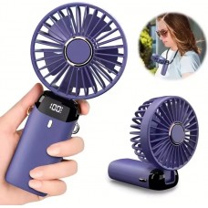 Ventilateur Fan mini portable rechargeable LED avec &eacute;cran num&eacute;rique rotation 90&deg; 5 vitesses silencieuses - Bleu