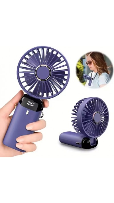 Ventilateur Fan mini portable rechargeable LED avec &eacute;cran num&eacute;rique rotation 90&deg; 5 vitesses silencieuses - Bleu