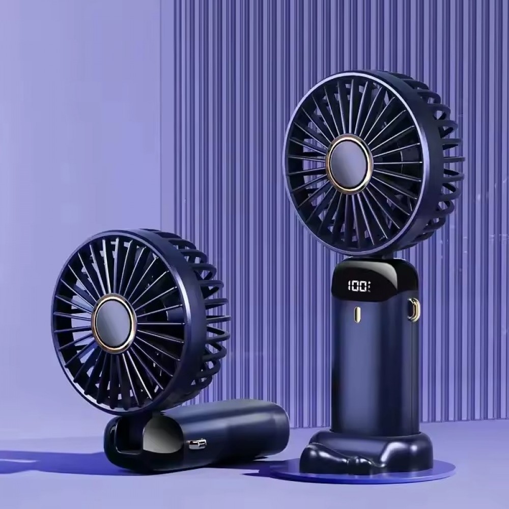 Ventilateur Fan mini portable rechargeable LED avec &eacute;cran num&eacute;rique rotation 90&deg; 5 vitesses silencieuses - Bleu