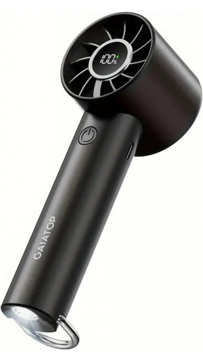Ventilateur portable Gaiatop HF-01 rechargeable à 3 vitesses avec lampe de poche intégrée (1800mAh, USB-C) - Noir