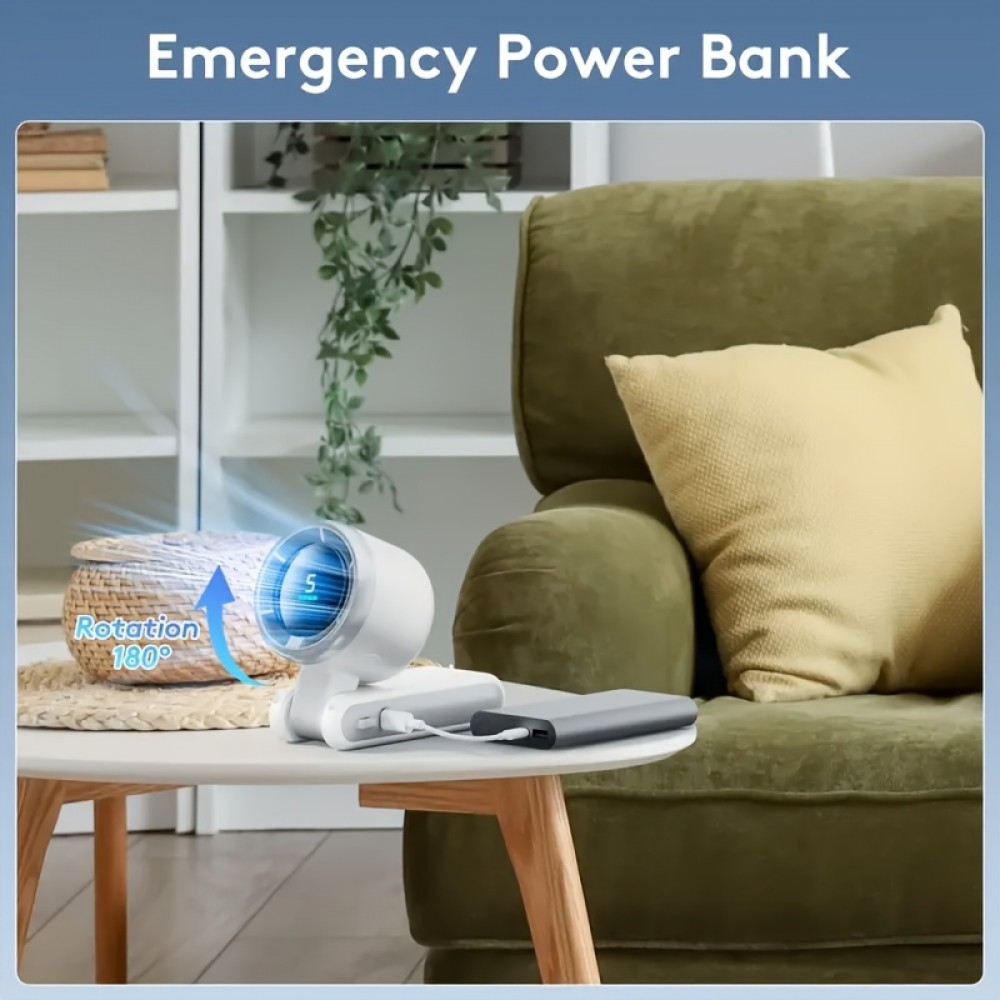 Ventilateur portable pliable rechargeable USB ultra-silencieux 5 vitesses 3600mAh autonomie 10h - Blanc