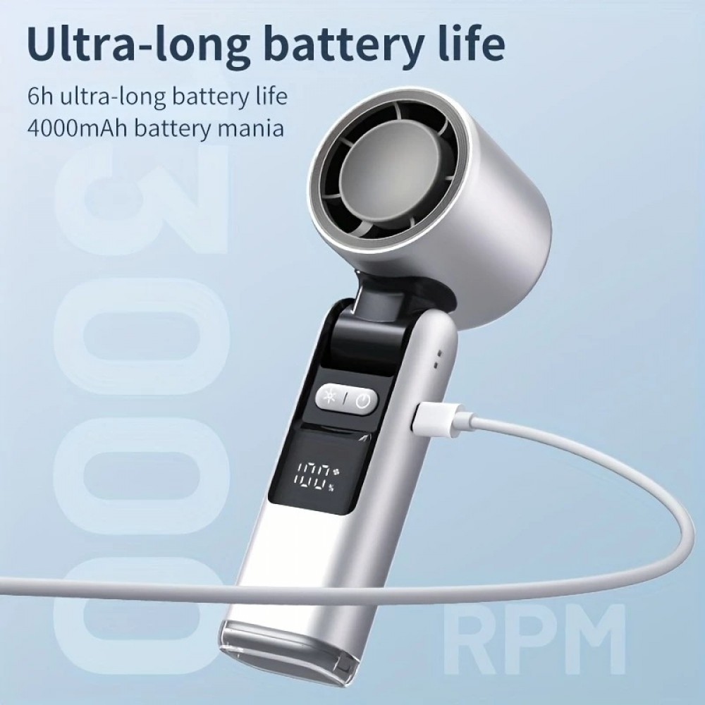 Ventilateur puissant à 4 vitesses portable rechargeable pliable avec batterie 4000mAh affichage digital - Blanc
