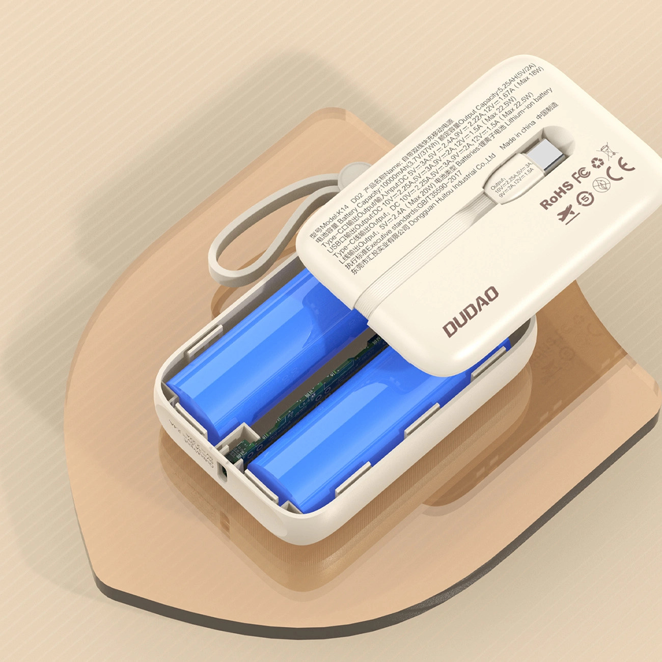 Dudao K14 Power Bank 10000mAh avec câble intégré USB-C & Lightning QC 3.0 Fast Charge - Noir