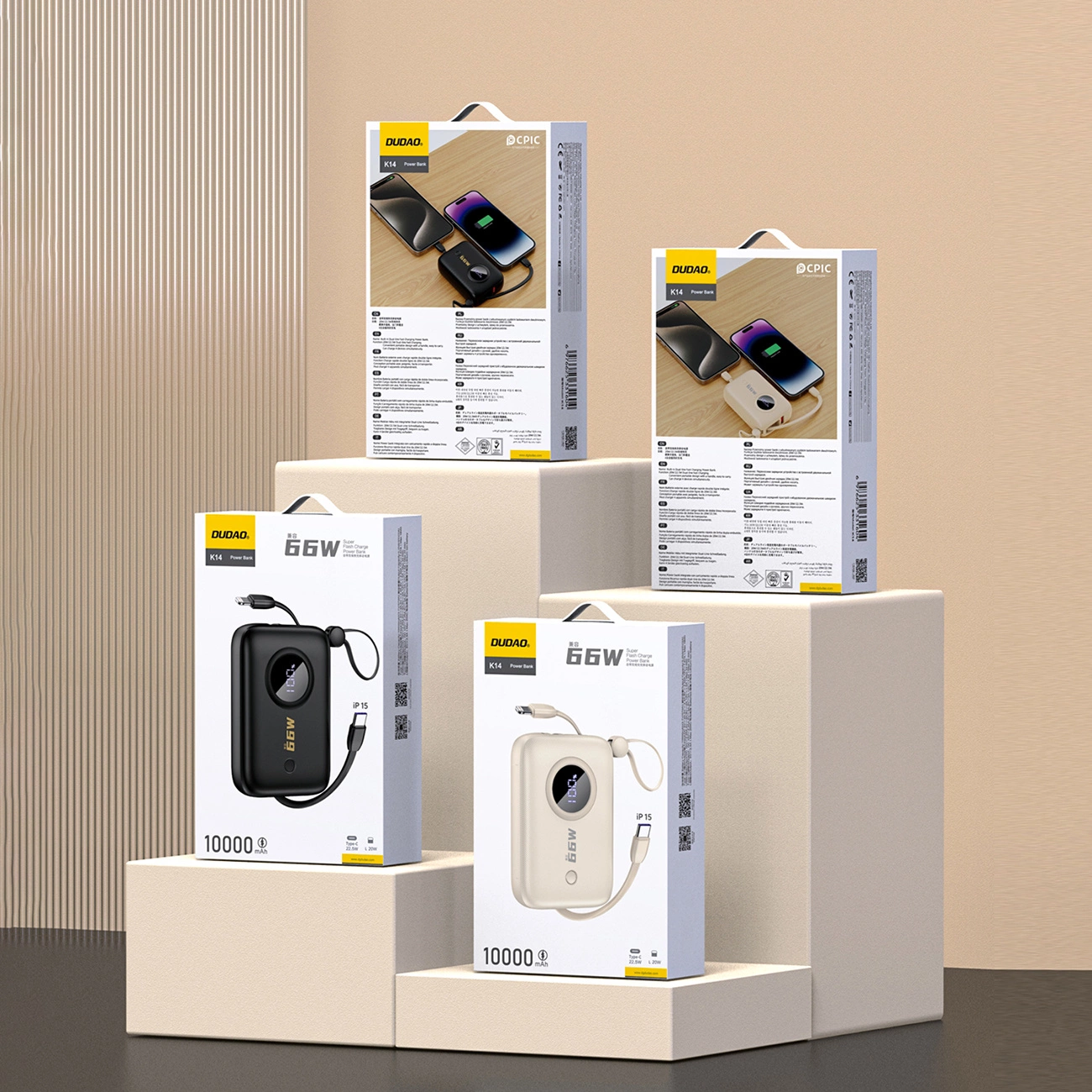 Dudao K14 Power Bank 10000mAh avec câble intégré USB-C & Lightning QC 3.0 Fast Charge - Noir