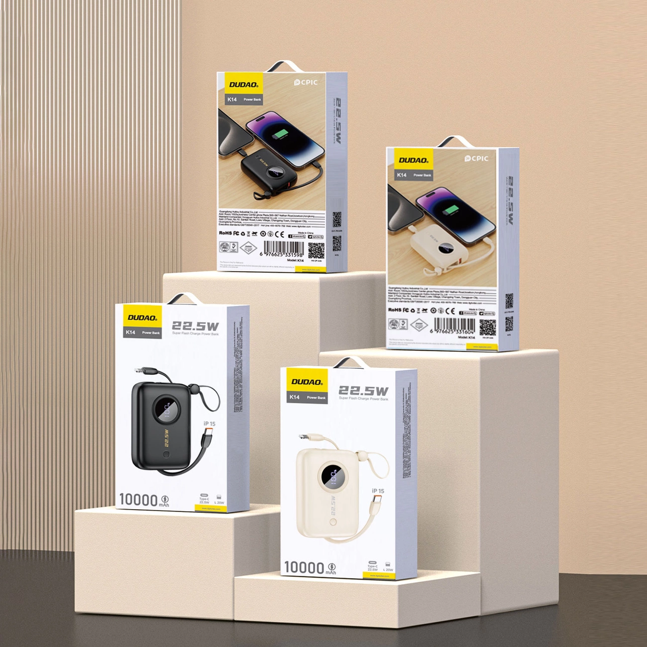 Dudao K14 Power Bank 10000mAh avec câble intégré USB-C & Lightning QC 3.0 Fast Charge - Noir